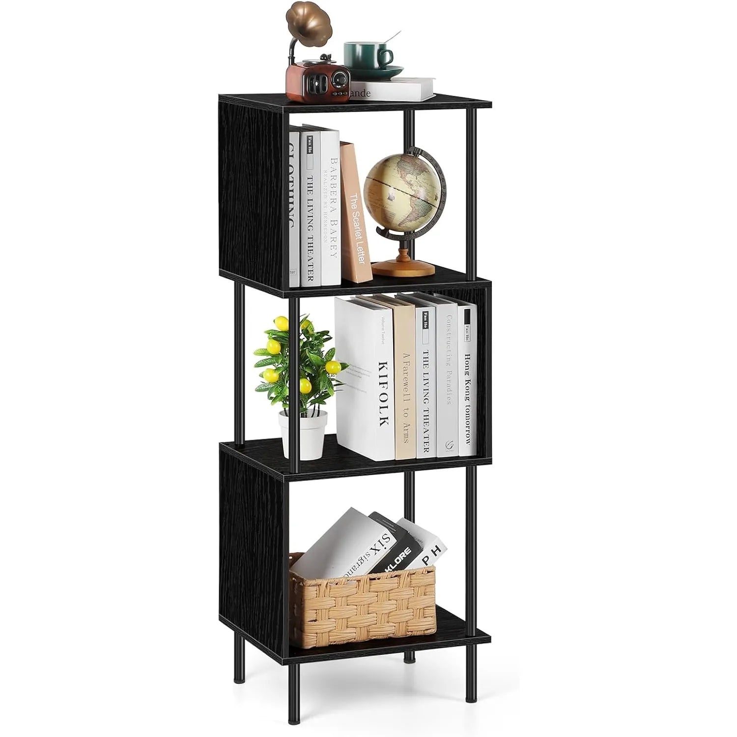 3-Tier Black S-Shaped Space-Saving Bookshelf for Small Rooms | Multi-Use in Office,Kids,Living Room,Bedroom & Home Corne