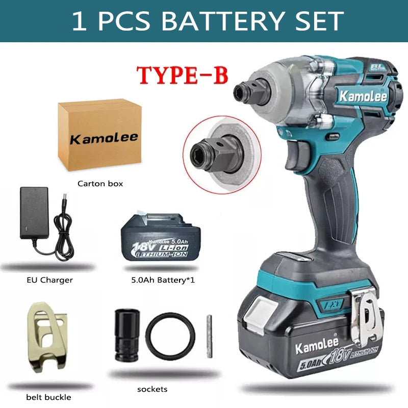 Kamolee 520N.m Brushless Electric Impact Wrench 1/2 and 1/4 Inch Household Wireless Charging Small 18V Battery Wrench Tool