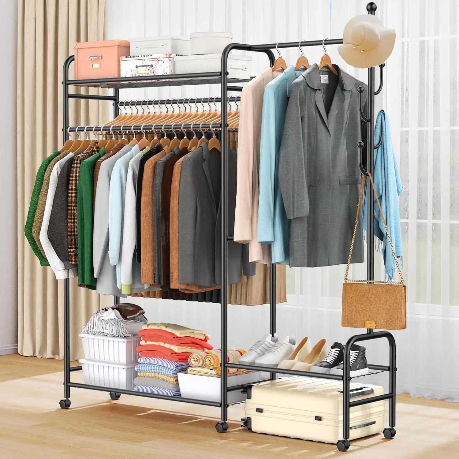 3-In-1 Clothes Racks For Hanging Clothes With Coat Rack, Heavy Duty Clothing Rack With Shelves Load 620Lbs, Portable Garment