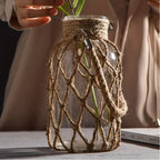 Boho-Chic Handwoven Mesh Glass Vase - Portable, Transparent with Solid Pattern for Home Decor & Hydroponics