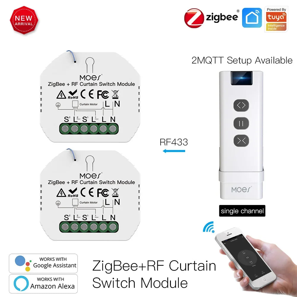 MoesHouse DIY ZigBee Smart RF433 Curtain Switch Module  for Motorized Roller Blinds Motor 2MQTT Smart Life APP Alexa Google Home