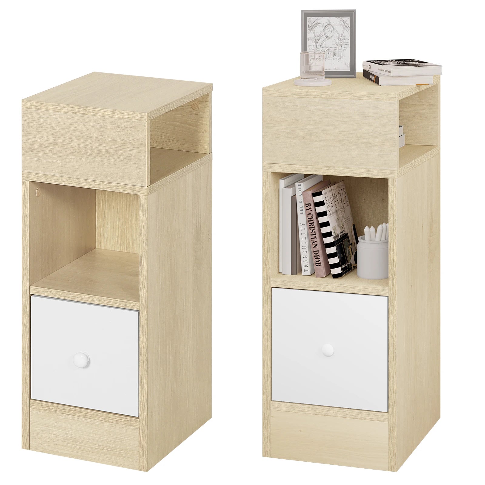 2PCs Bedroom Bedside Table with 2Open Shelves 1Drawer 25x66x30cm Slim Small Storage Cabinet Nightstand Space-Saving Home Decor