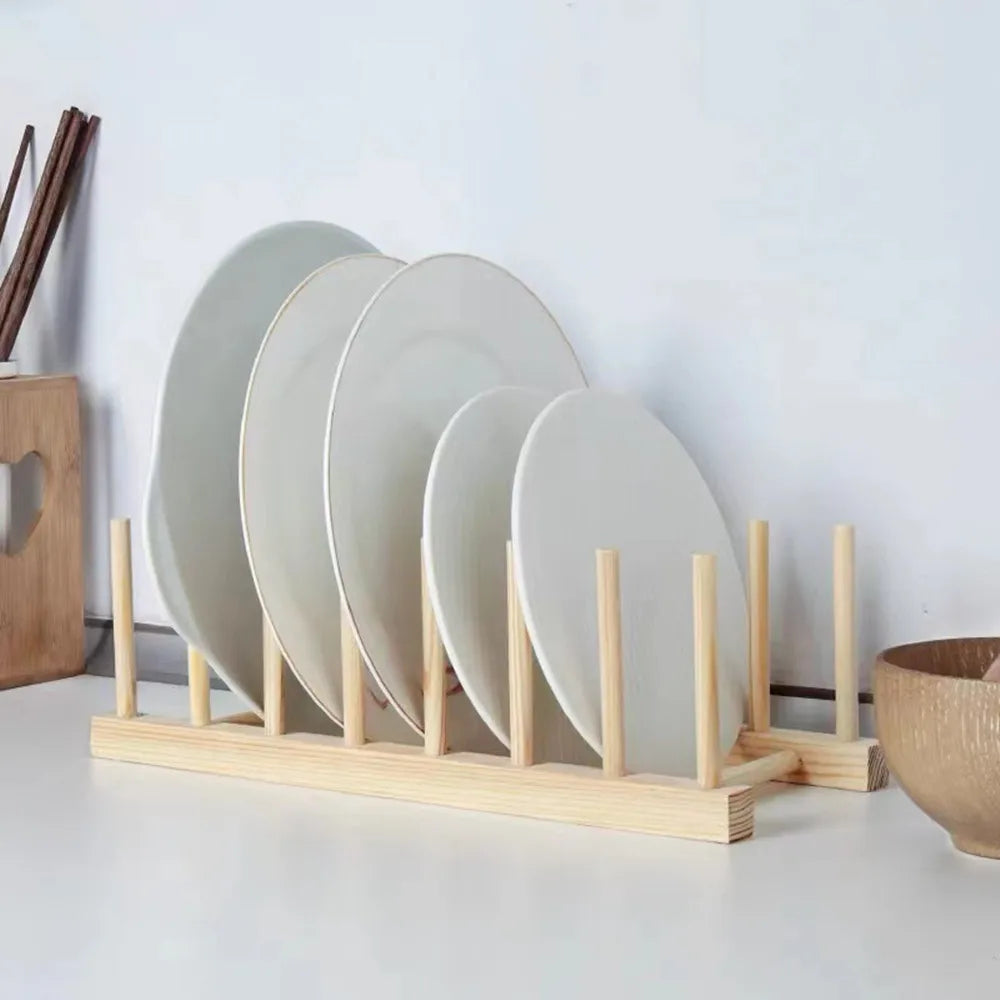 Wooden Plate Rack Kitchen Dishes Stand Plate Dish Drying Rack Cutting Boards Cups Organizer Shelf Multifunctional Display Stand