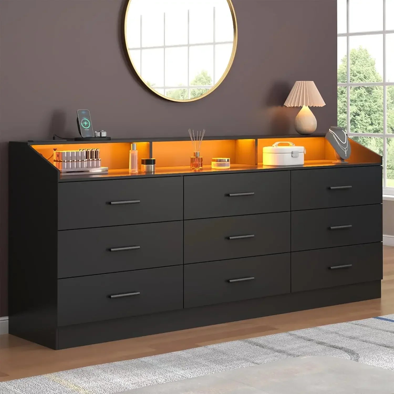 Dresser for Bedroom with Power Outlet, Modern Chest of LED Light, Open Storage Cubby, Organizer, Entryway, Living Room, Black