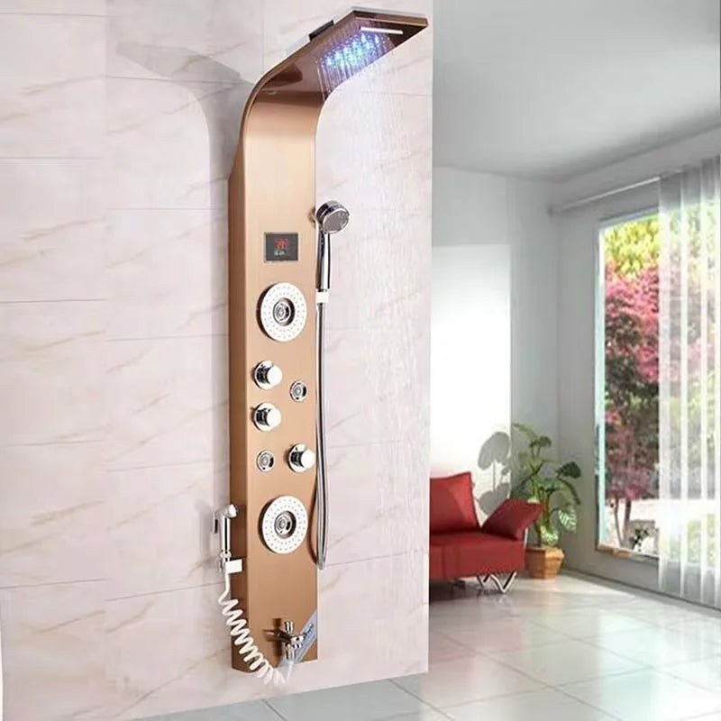 Gold Shower Panel LED Light Bathroom Six Functions Shower Column Tower Digital Screen Waterfall Shower Massage Spa Jets Tub