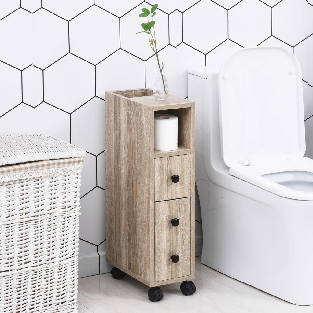 Kleankin bathroom cabinet bathroom furniture with universal wheels 2 brakes shelves drawer cabinet 18x30x68,5 cm Oak Wood