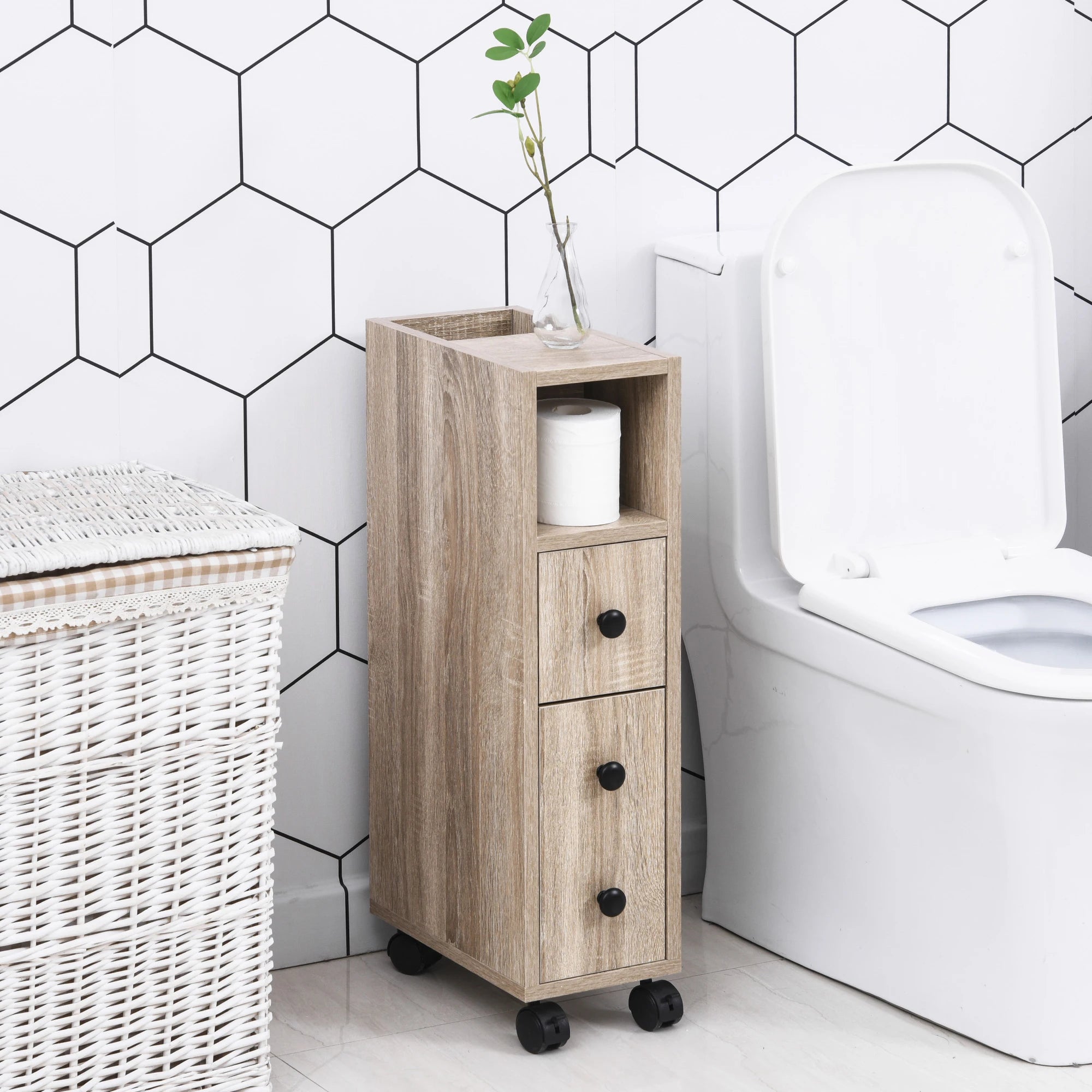 Kleankin bathroom cabinet bathroom furniture with universal wheels 2 brakes shelves drawer cabinet 18x30x68,5 cm Oak Wood