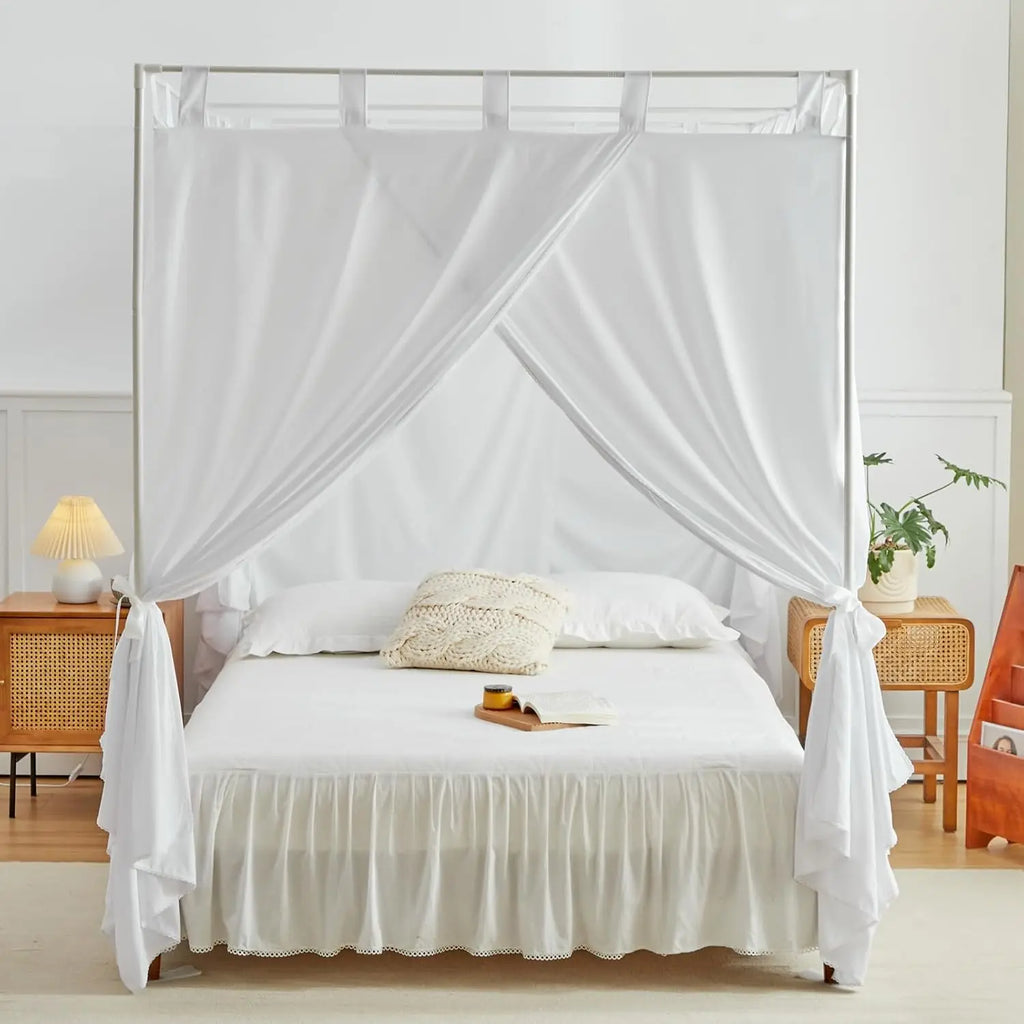 White Canopy Bed Ains With Top Ties And Tie Bas For Bedroom Decoration - Queen Size Bed Ains With Windproof And Lightproof