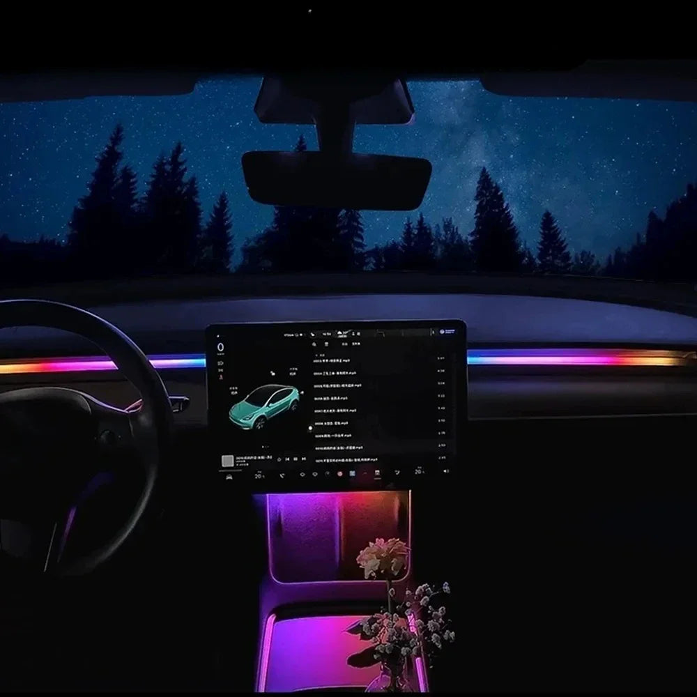 For Tesla Model 3 Y 64Colors RGB Neon LED Center Console Dashboard Wireless Charging Light Ambient Lamp USB Power APP Controller