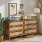 6 Drawer Double Dresser for Bedroom,Natural Rattan Modern Drawer Chest,Wooden Storage Wardrobe Dresser with Black Handles,Floor