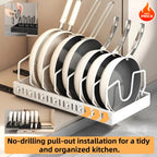 Pull Out Pan Pot Rack Organizer with Adjustable Dividers, Space Saving Under Cabinet Cookware Storage for Pots Pans Lids