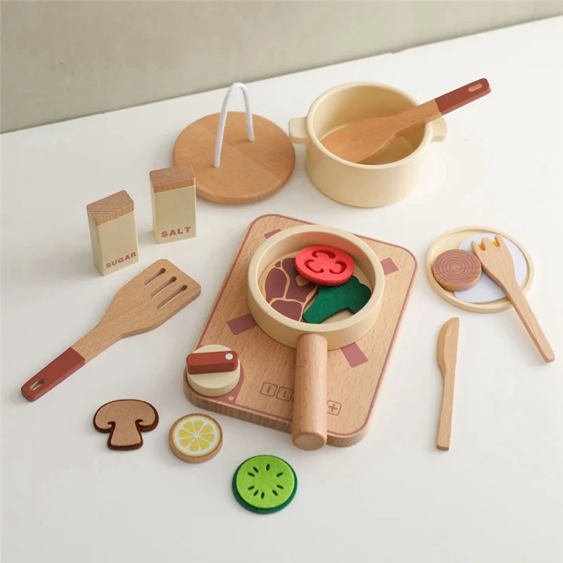 B78B-Montessori Children's Play Cooking Set  Wooden  Vegetable Pot Model Pretend  Wooden Kitchen Play Cooking Set