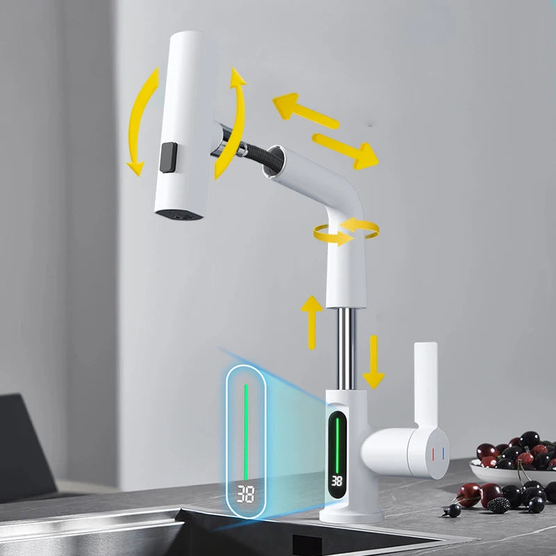 Smart Digital Display Basin Faucet 3 Function Pull Out Waterfall Spout Deck Mount Cold Hot Water Mixer Liftable Sink Crane Tap