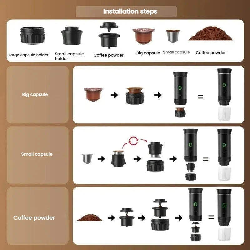 3 in 1 Wireless Electric Portable Espresso Coffee Machine for Car Home Camping Travel Coffee Maker Compatible with Capsule Powde