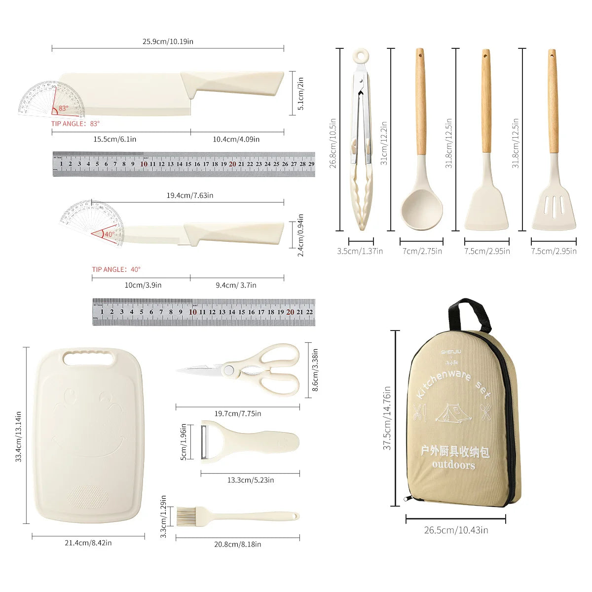 Outdoor knife set, portable stainless steel kitchen knife, cutting board, kitchen utensils, camping and picnic storage bag