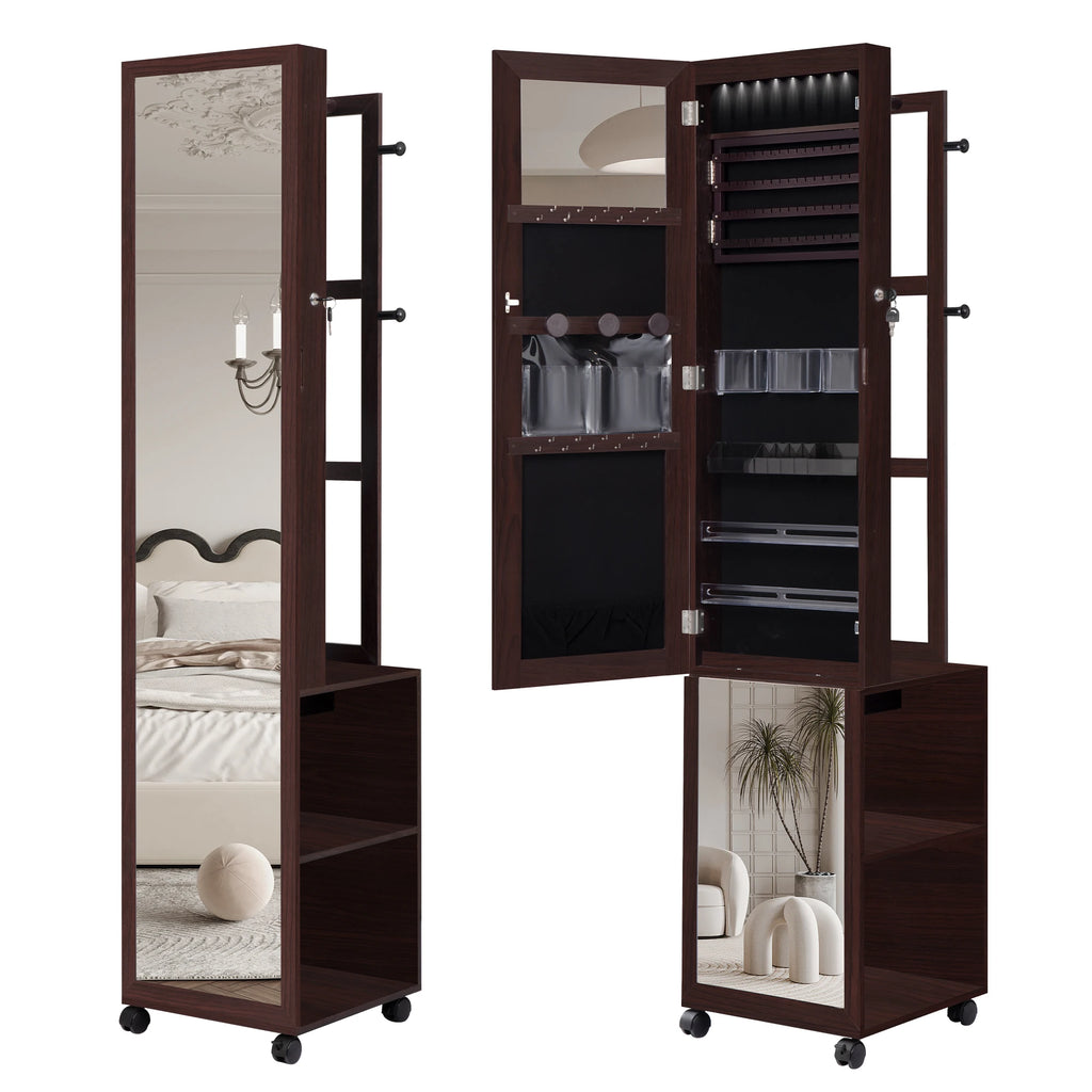 Jewellery Cabinet, Mirror Cabinet, Standing Jewellery Organiser with 1 Clothes Rack, 3-Tier Shelves with 4 Coat Hooks