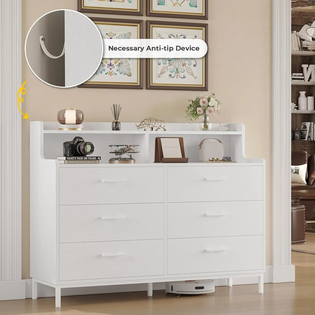 White Dresser for Bedroom with 6 Drawers and Storage Shelves, Wide Chest of Drawers with Sturdy Steel Legs, Large Wooden Storage