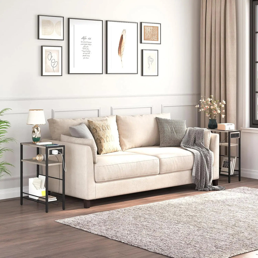 Small Narrow Side Table with Charging Station Set of 2, Skinny End Table for Small Spaces, Slim Nightstand with USB Ports Outlet