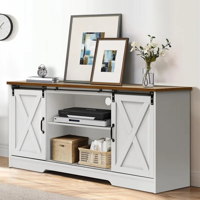 59-inch Farmhouse Rustic Oak and Whitewood Corner TV Stand with 2 Sliding Barn Doors (Maximum TV Size 65-inch) and Adjustable Sh