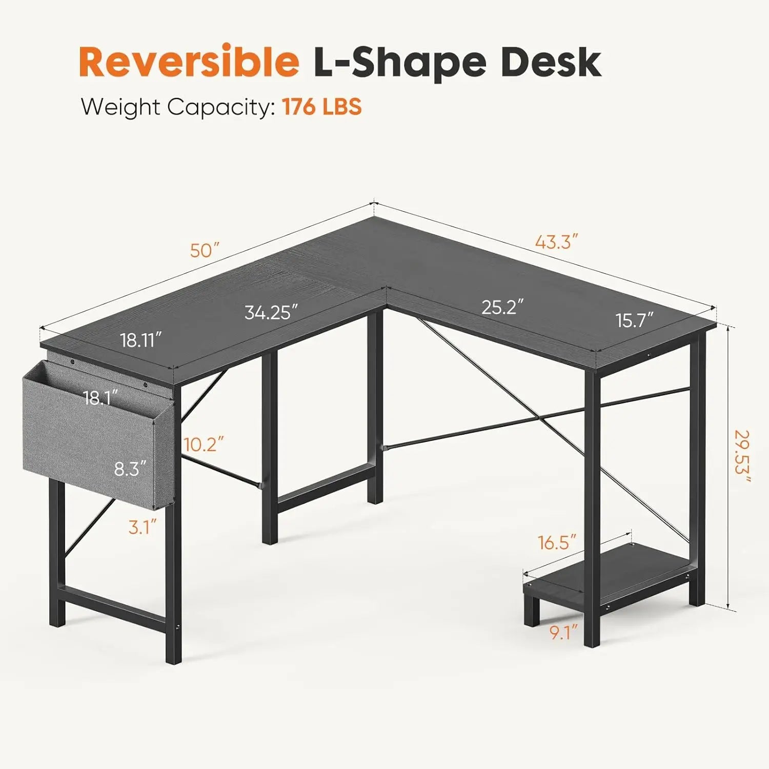 50-inch L-Shaped Gaming Desk with CPU Stand - Black