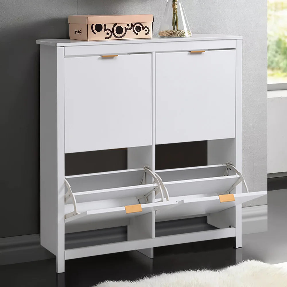 Haodirect white 4 compartment flip entrance narrow shoe cabinet, wooden shoe rack,102cm W x 24cm D x 103cm H