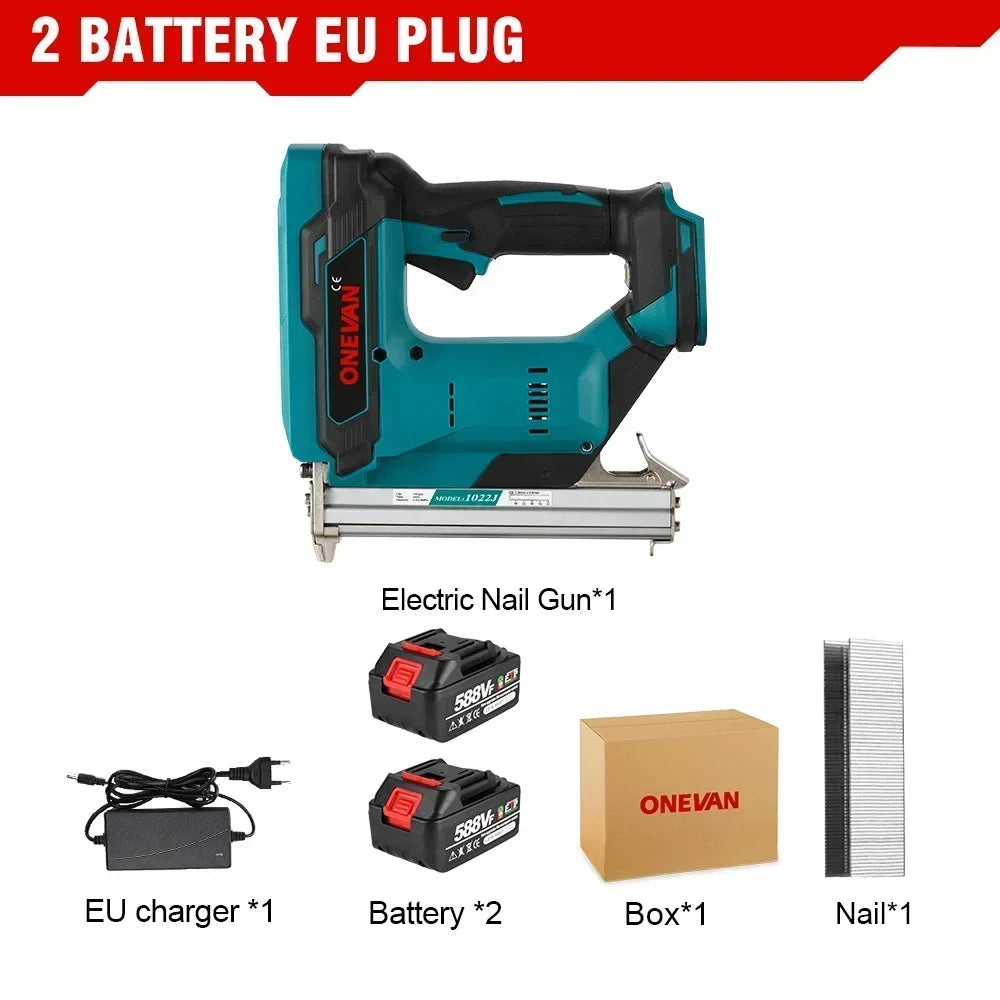 ONEVAN 1022J 2Gears Brushless Cordless Electric Nailer Stapler Furniture Staple Gun Woodworking Tools For 21V 18v Battery