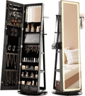 LED Mirror Jewelry Cabinet Standing, 360° Swivel Lockable Jewelry Armoire with Full Length Mirror and Adjustable LED Lights