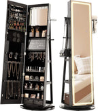 LED Mirror Jewelry Cabinet Standing, 360° Swivel Lockable Jewelry Armoire with Full Length Mirror and Adjustable LED Lights
