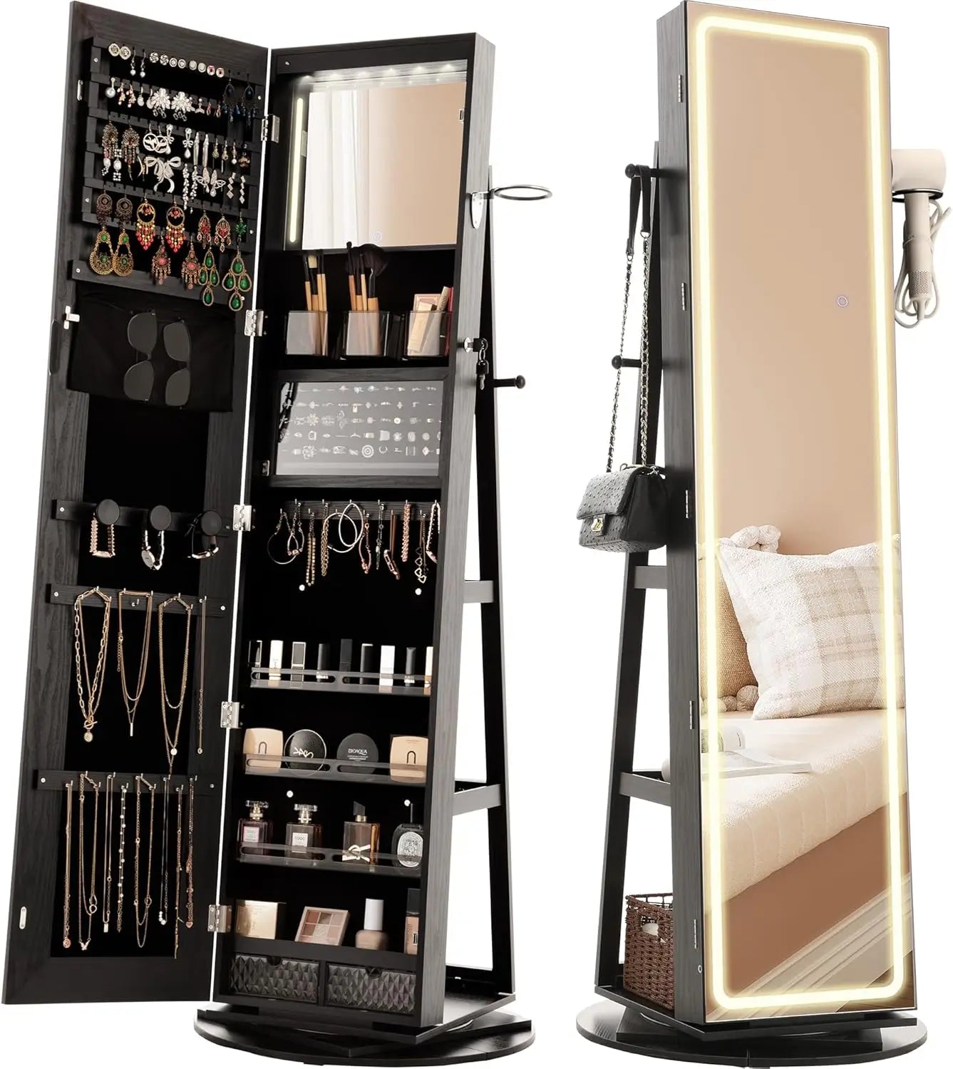LED Mirror Jewelry Cabinet Standing, 360° Swivel Lockable Jewelry Armoire with Full Length Mirror and Adjustable LED Lights
