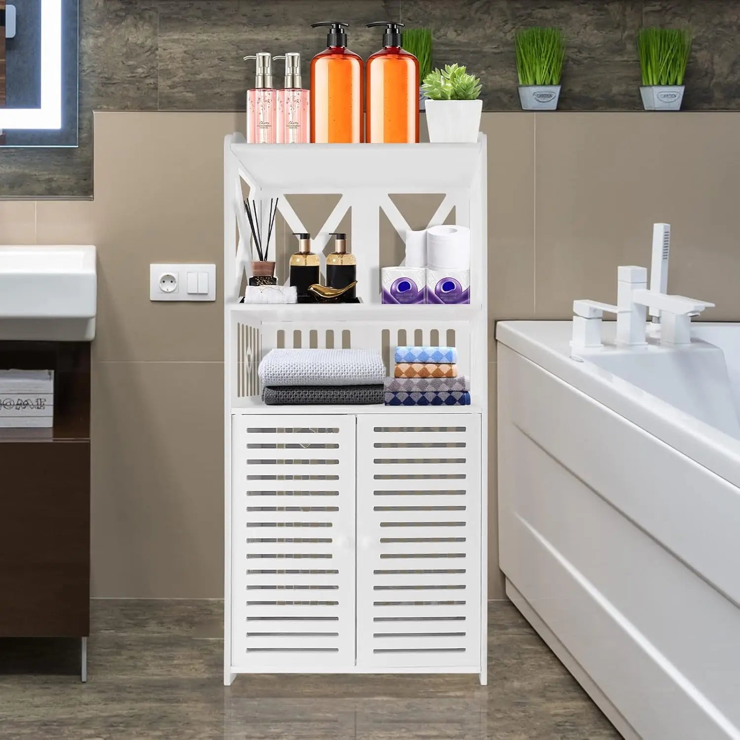 Bathroom Floor Cabinet,Waterproof FreeStanding Bathroom Storage Unit with Daily Use Layer and Cupboard Double Door,Multi-purpose