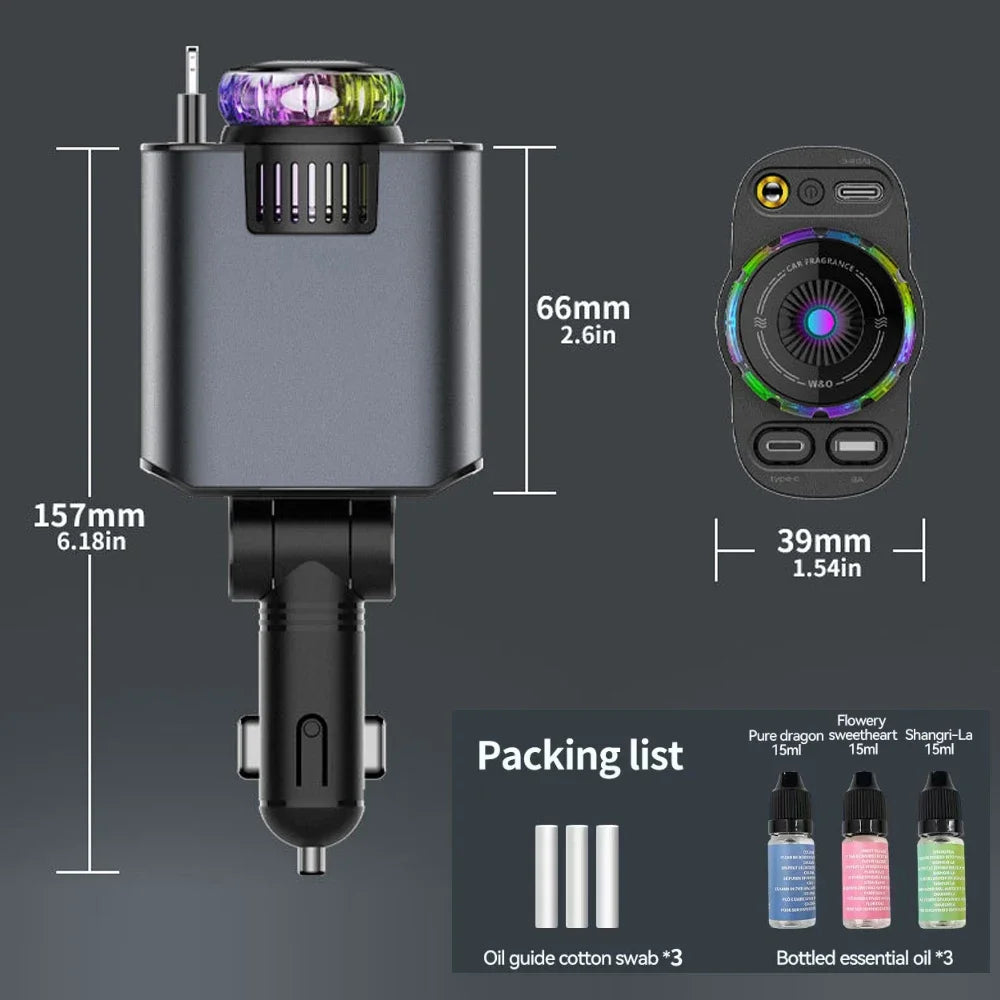 5-In-1 Car 45W Retractable Phone Charger with Type C PD Cable Aromatherapy Essential Diffuser Roof Starlight For IPhone Andriod