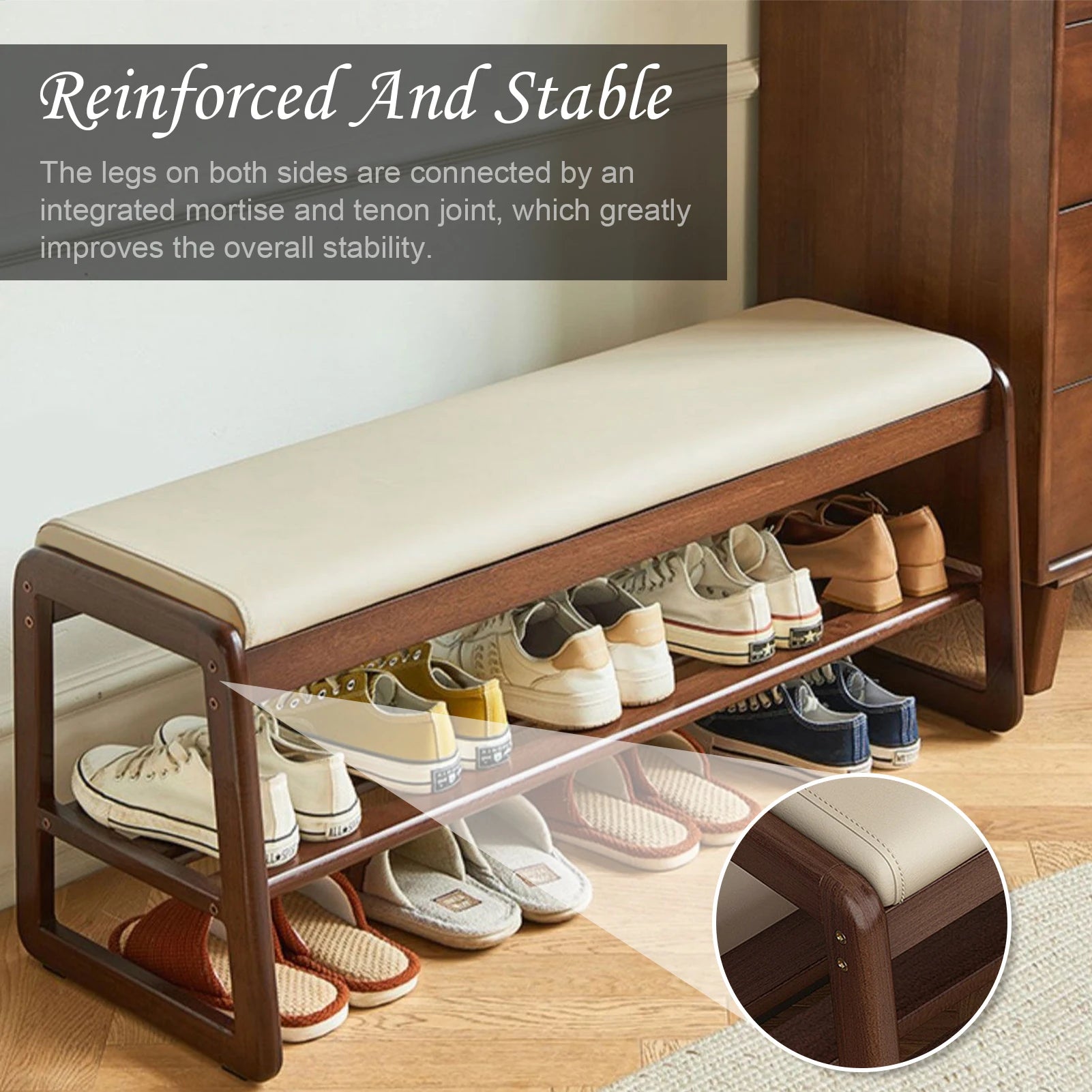 Entryway Bench with Cushion Wood Shoe Storage Bench Shoe Bench Rack Organizer for Hallway, Living Room