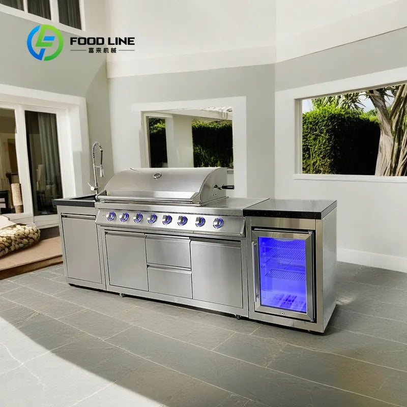 Customized Modular Outdoor Kitchen Island with Gas Grill Marble Table Wine Fridge Sink Cabinet Storage for Villa Patio