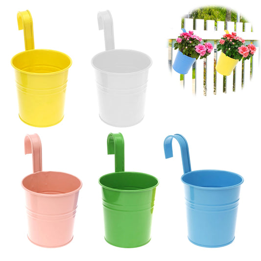 5Pcs Metal Hanging Flower Pots Hook Bucket Garden Planter Pots with Drainage Hole Balcony  Garden Office Planter Home Decor