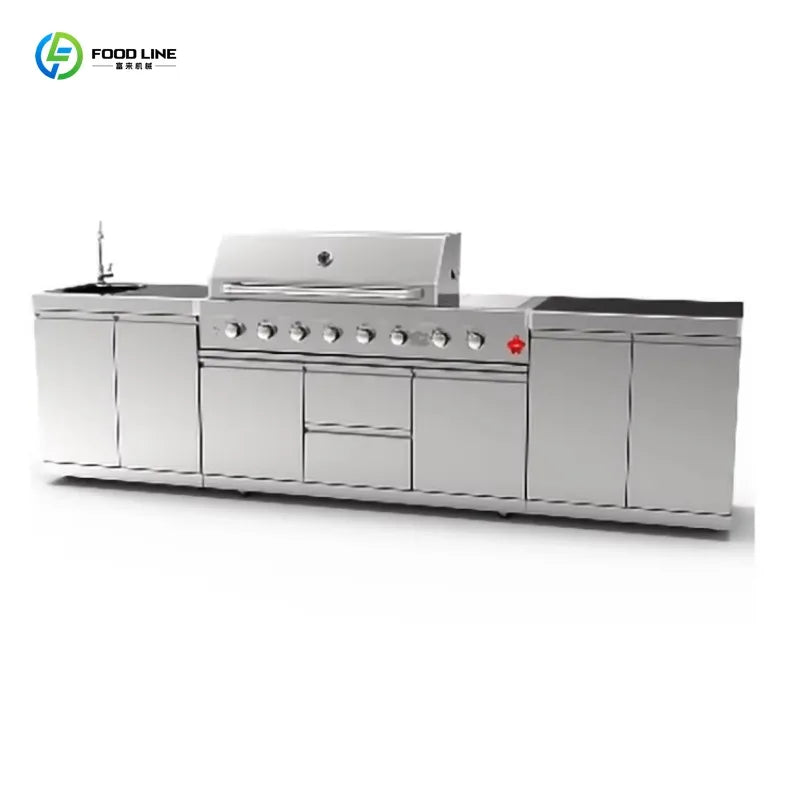Custom Freely Combined 304 Stainless Steel Outdoor Kitchen With Built-in Refrigerator And Preparation Sink