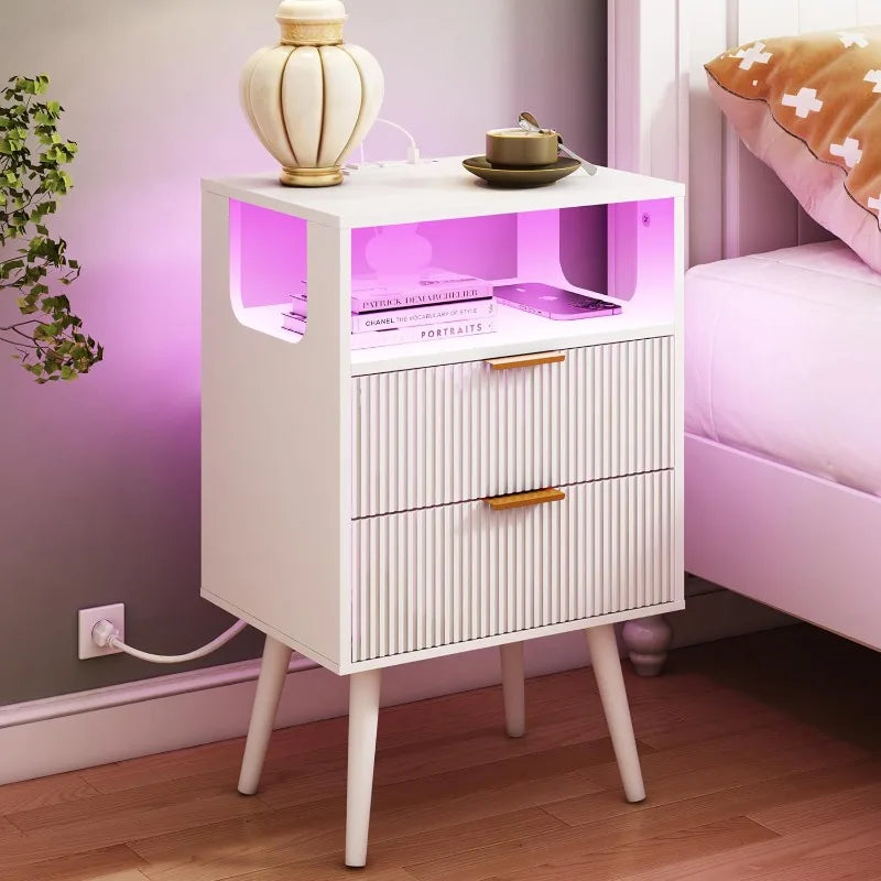 White Nightstand with Charging Station and Lights,Modern Bedside Table with 2 Storage Drawer and Open Wood Shelf