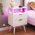 White Nightstand with Charging Station and Lights,Modern Bedside Table with 2 Storage Drawer and Open Wood Shelf