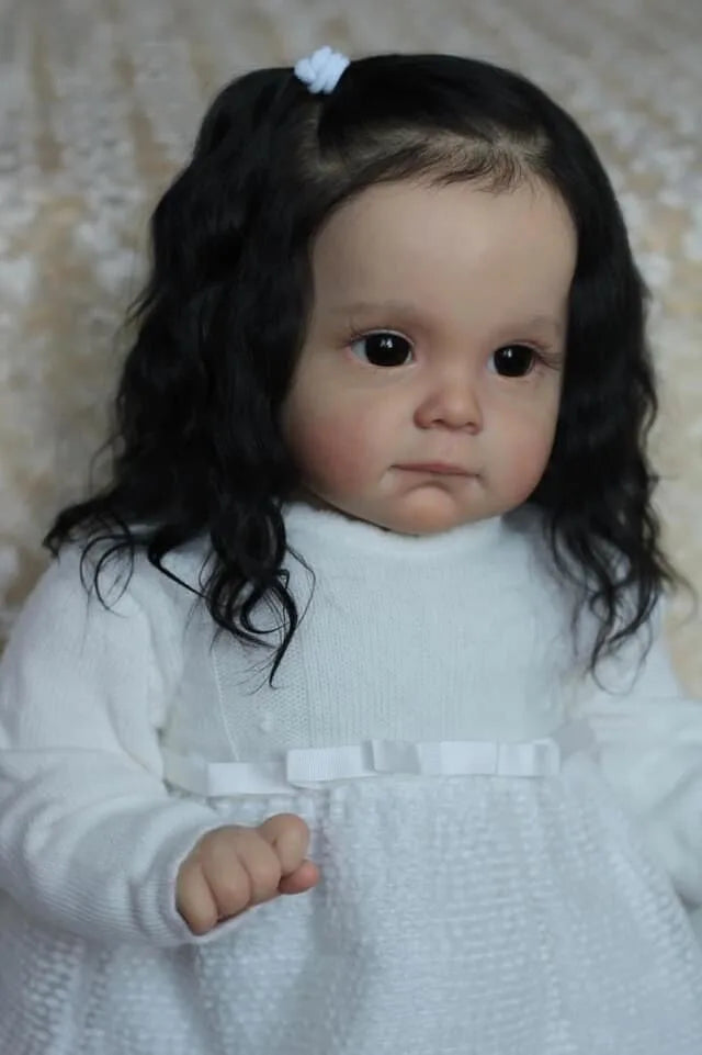 NPK 60CM Bebe Doll Reborn Toddler Maggi in Black Rooted Hair Soft Touch 3D Skin with Visible Veins High Quality Art Doll
