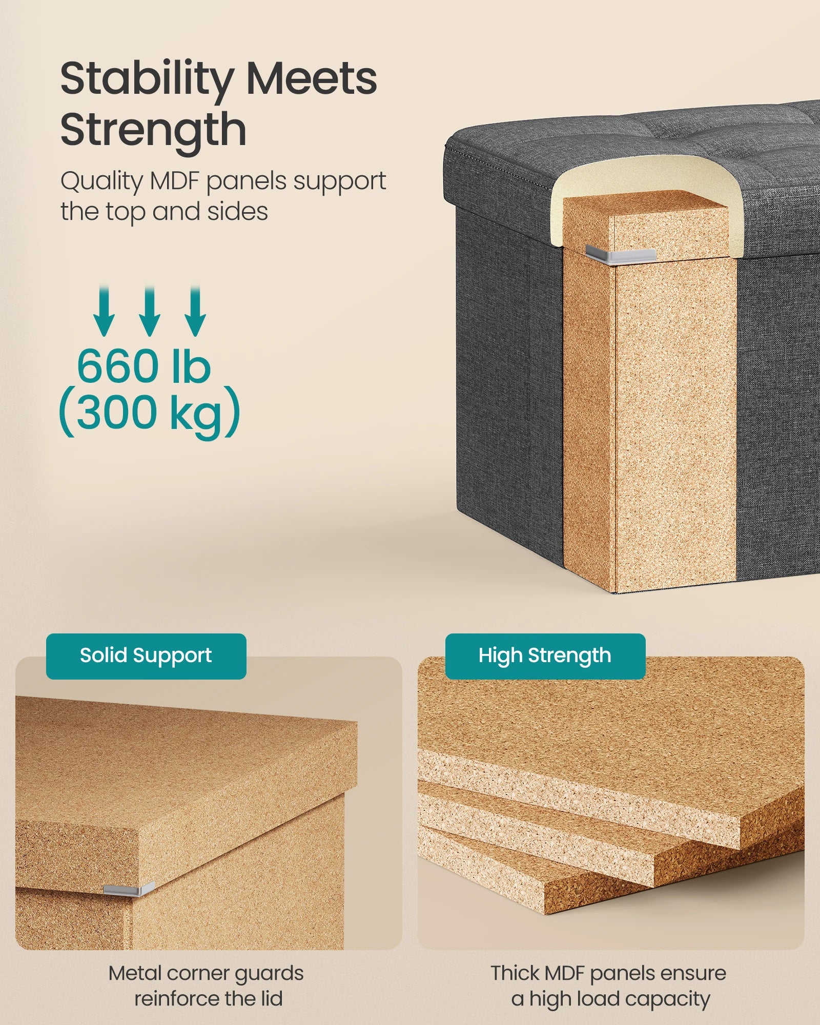 SONGMICS MAZIE Collection - 43 Inches Folding Storage Ottoman Bench, Ottoman Foot Rest, End of Bed Bench, Storage Chest