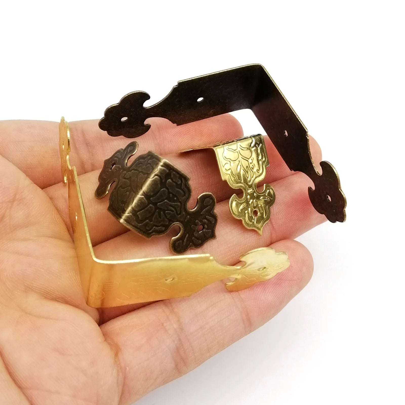 12pcs Decorative Corner Protector Guard Edge Cover for Jewelry Chest Wine Gift Box Wooden Case Table Desk Bronze Golden + Nails