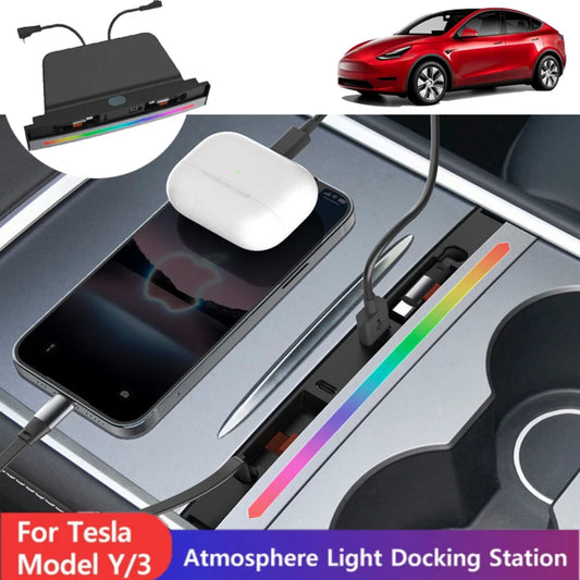 Central Console 84W Color Retractable Dock for Tesla Model 3 2021-2023 Y 2021-2024 USB Hub Fast Charger with Mood Light