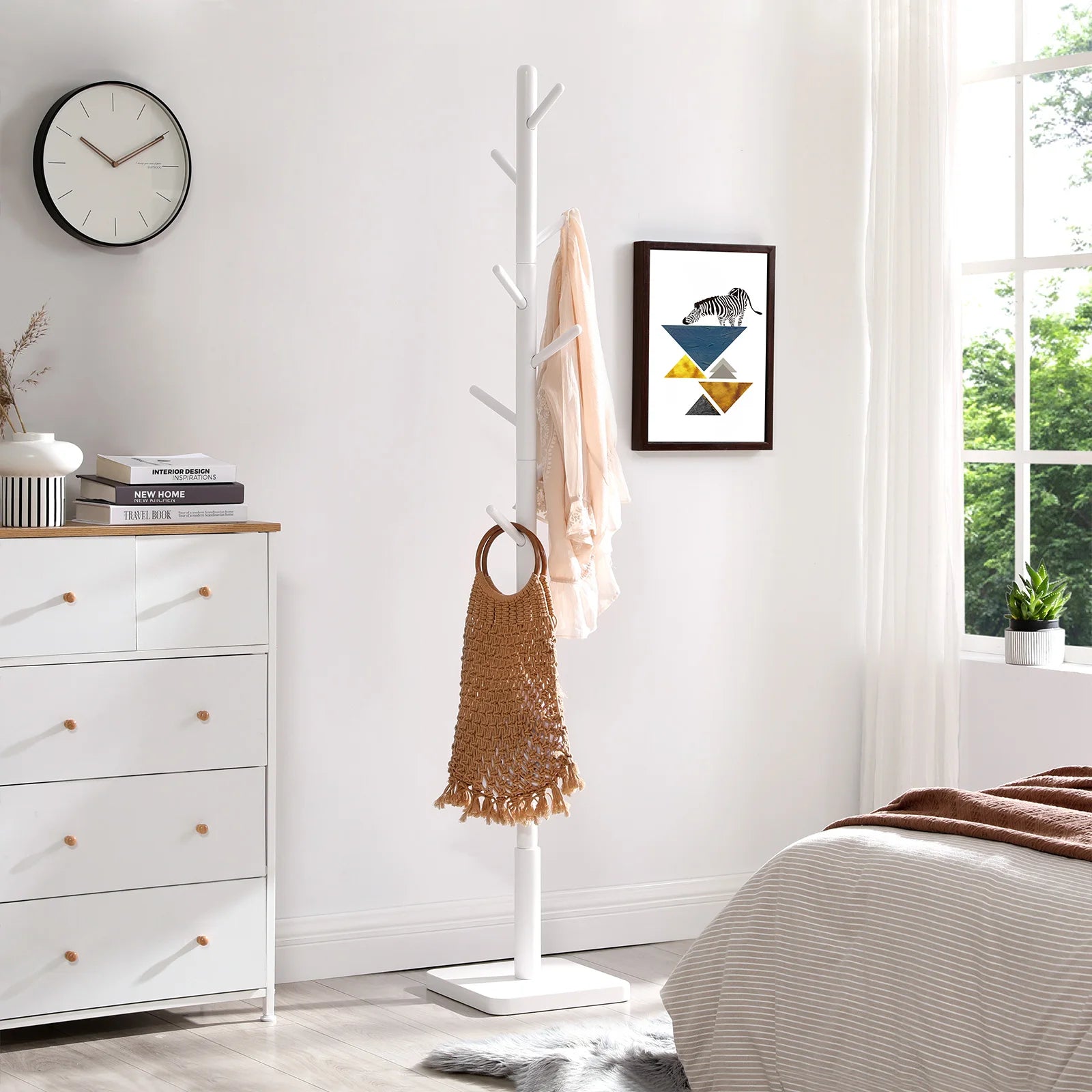 VASAGLE coat rack, dresses stand, solid wood, freestanding tree shape, 8 hooks for jackets, Hats, Bags, Entrance