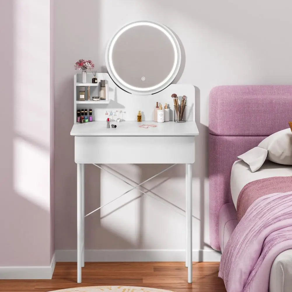 Makeup Vanity Desk with LED Lighted Mirror Vanity Table with 1 Drawer and 2 Opening Shelves 3 Modes Brightness Adjustable