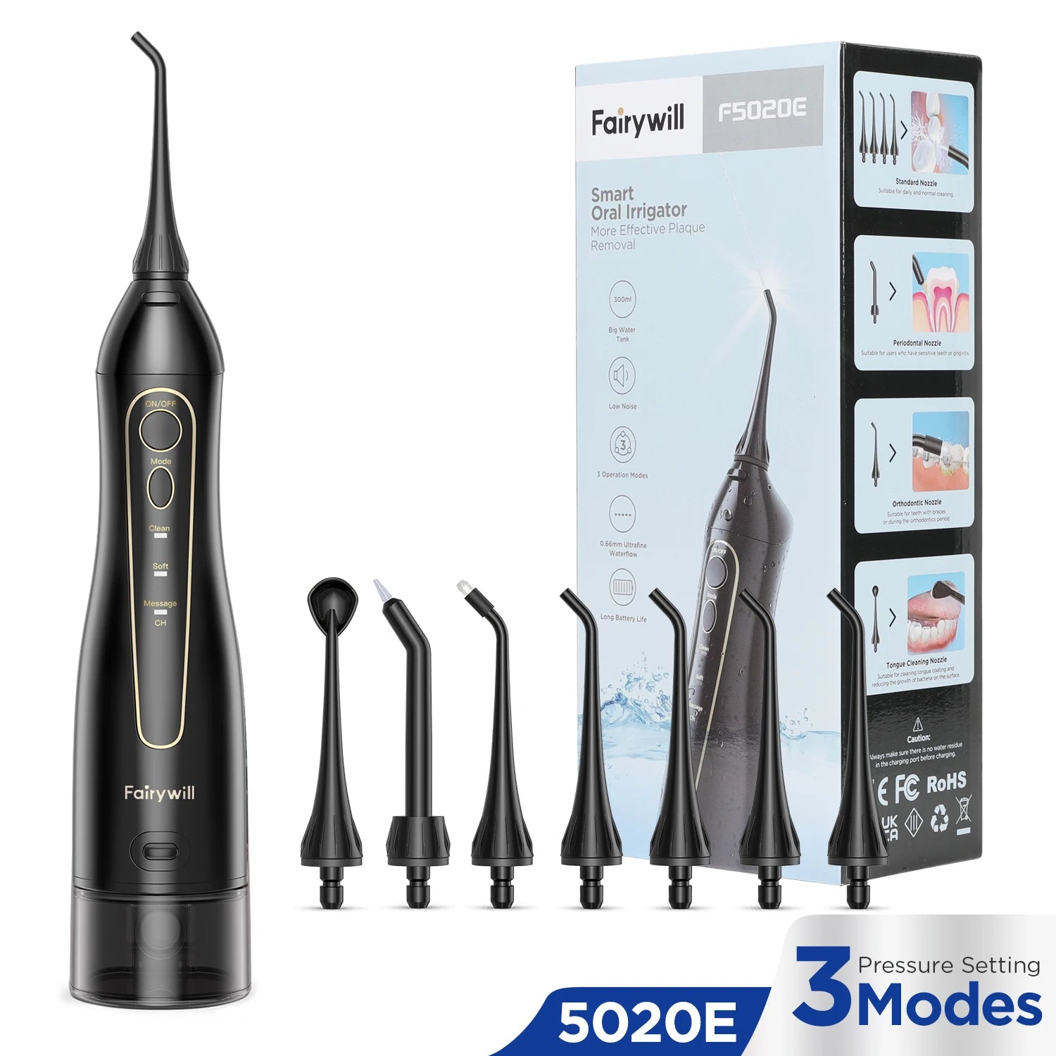 Fairywill Water Flossers for Teeth 300ML Oral Irrigator Rechargeable Portable Dental 3 Modes Water Tank Waterproof Teeth Cleaner