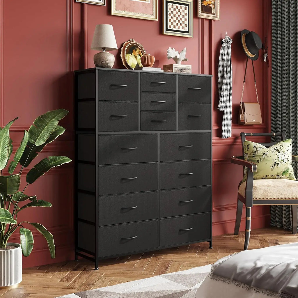 Tall Black Dresser for Bedroom Furniture, Fabric Dressers Storage Tower with 15 Deep Drawers,  Wooden Top