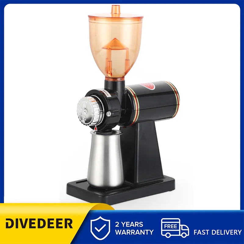 DIVEDEER Electric Coffee Grinder Stainless Steel Coffee Beans Grinder Automatic Detachable 8 File Adjustable Plane Burr Grinder