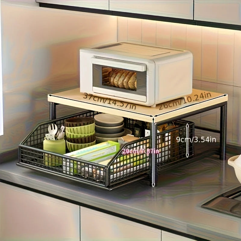 2-Tier Kitchen Countertop Storage Rack - with Drawers + Mesh Baskets Sturdy Solid Wood + Metal Material Space Saving Fits Coffee