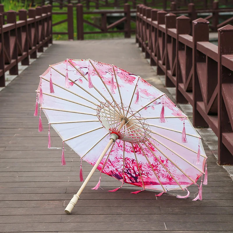 82cm Pink Flowers Silk Decorative Umbrella Han Cos Props Tassel Umbrella Ancient Chinese Classic Oil Paper Parasol