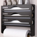 Bamboo Dispenser with Tissue Holder 3-Tier Kitchen Organizer for Foil Plastic Wrap Wax Built-in Cutter Storage Rack Home Use