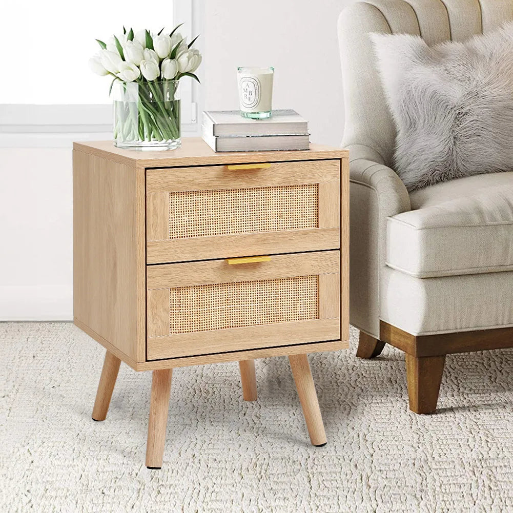 【Lifeideas】 2 Pack Wood and Rattan Side Cabinet Livingroom Bedroom Decoration Storage Cabinet Modern Classic